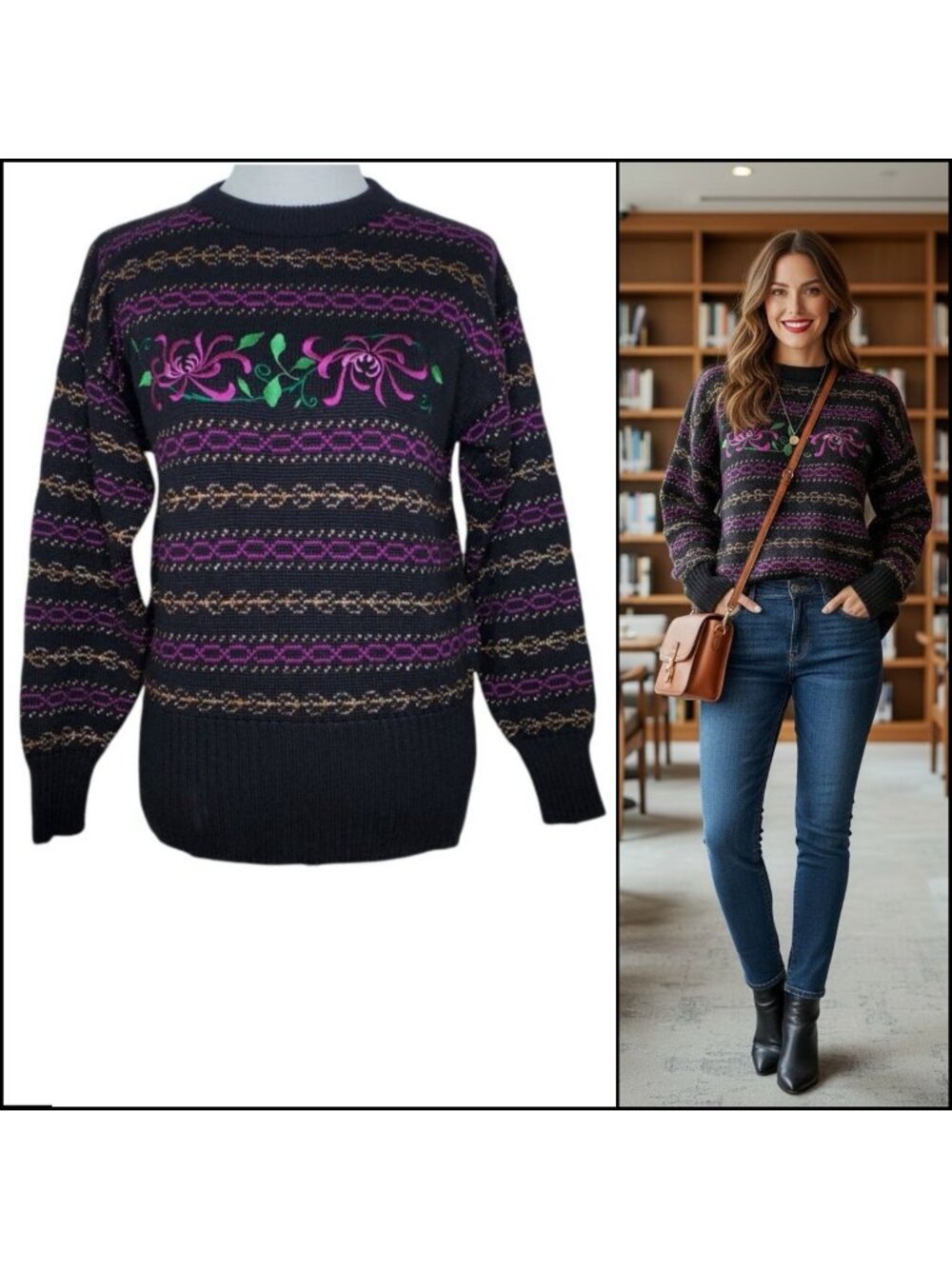 Vintage Meister Womens Sweater Small Wool Blend Embroidered Floral Metallic